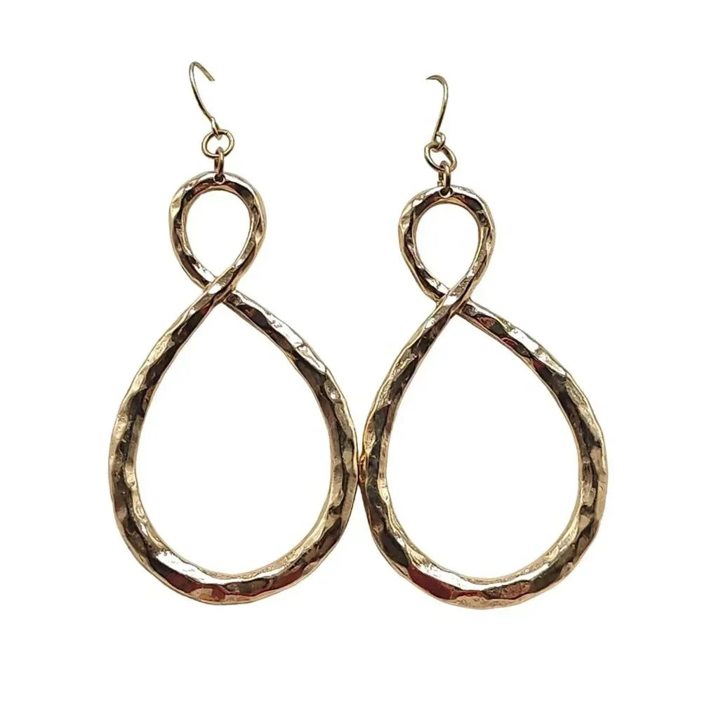 Hammered Twist Infinity Teardrop Dangle Earrings Hook Closure Gold Tone Vintage